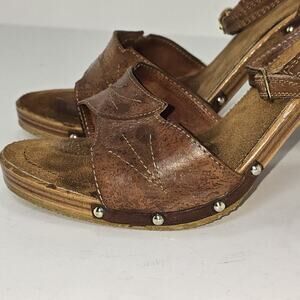 Vintage Italian Leather Wooden Heel Slingback Clog Sandals Studded Brown Size 7